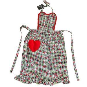 Cherry Apron Retro Black Gingham Red Heart Pocket Red Cherry Khmer Krafts Brand